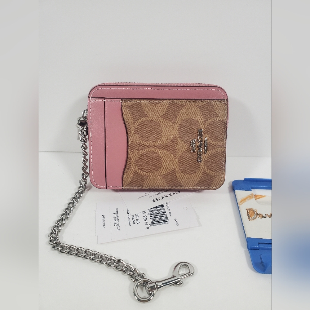 Coach Zip Card Case In Signature Canvas CW883 Tan/Dusty Pink NWT
